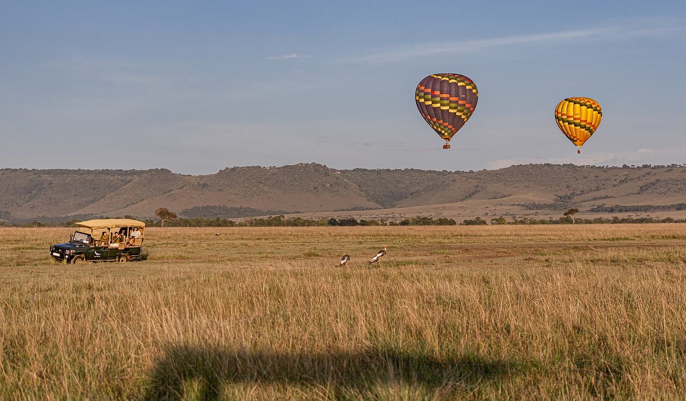 Heißluftballons steigen bei Sonnenaufgang über der Savanne der Masai Mara auf